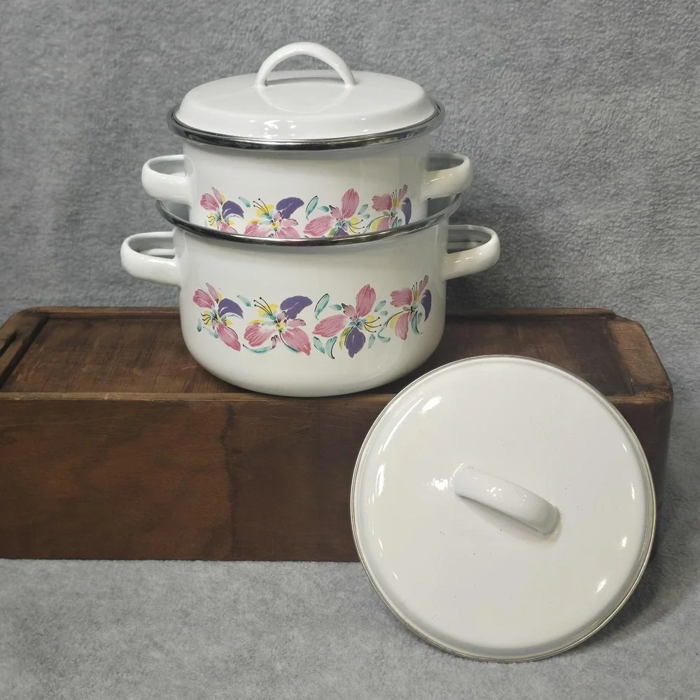 Vintage Enamelware Pots Set of 2 Floral Pink Purple White Lids Indonesia 80s